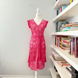Origami Pink Crochet V-Neck Sleeveless Midi Sundress Small